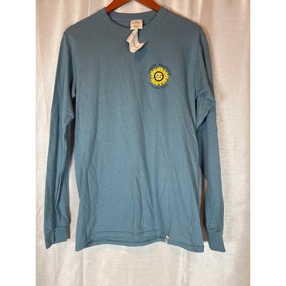 Simply Southern Hey Deer Sunflower Long‎ Sleeve Teal Blue Shirt Small